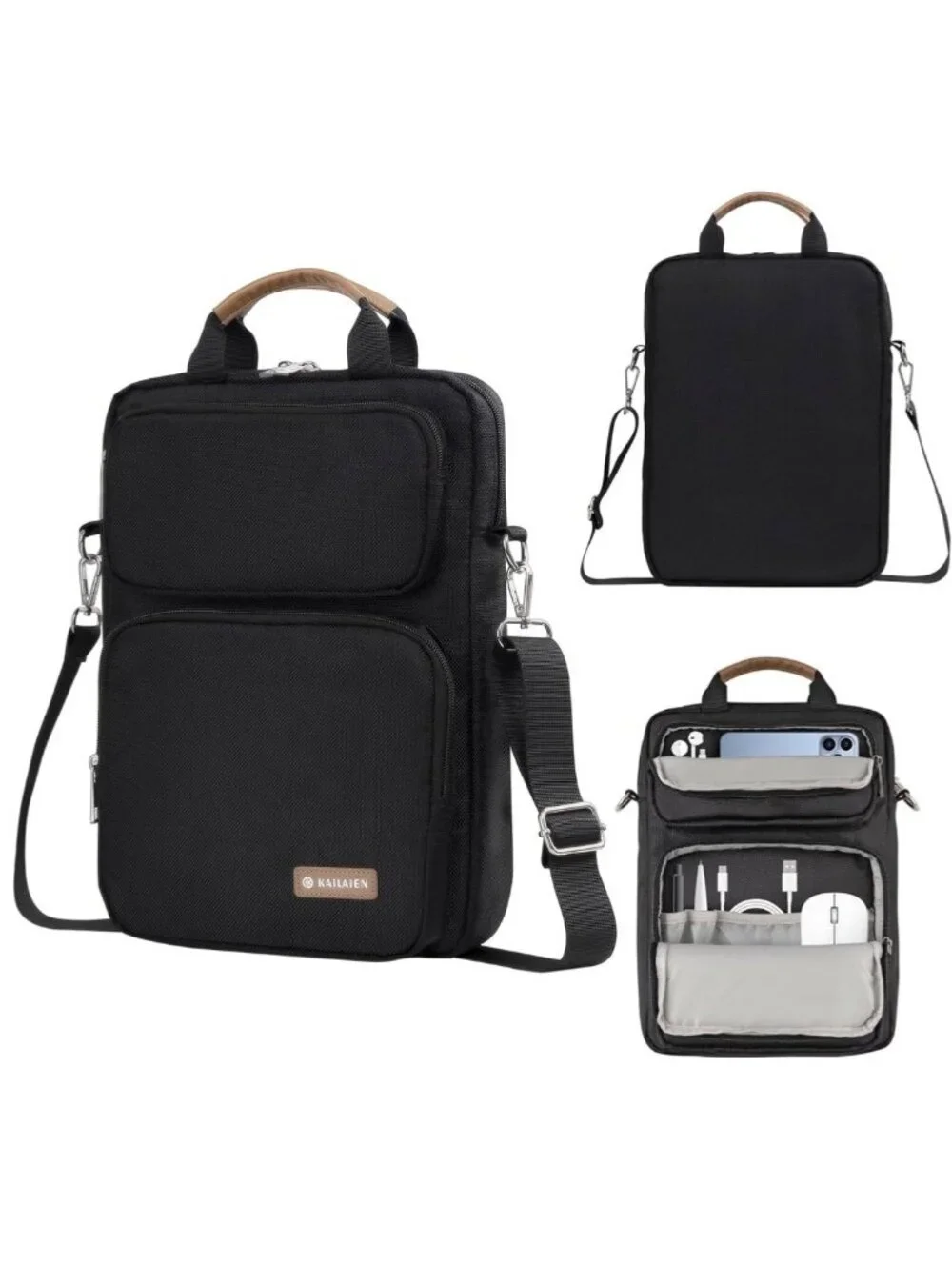 Kailaien Black Oxford Cloth Tablet Sleeve Bag with Contrasting Tan Handle